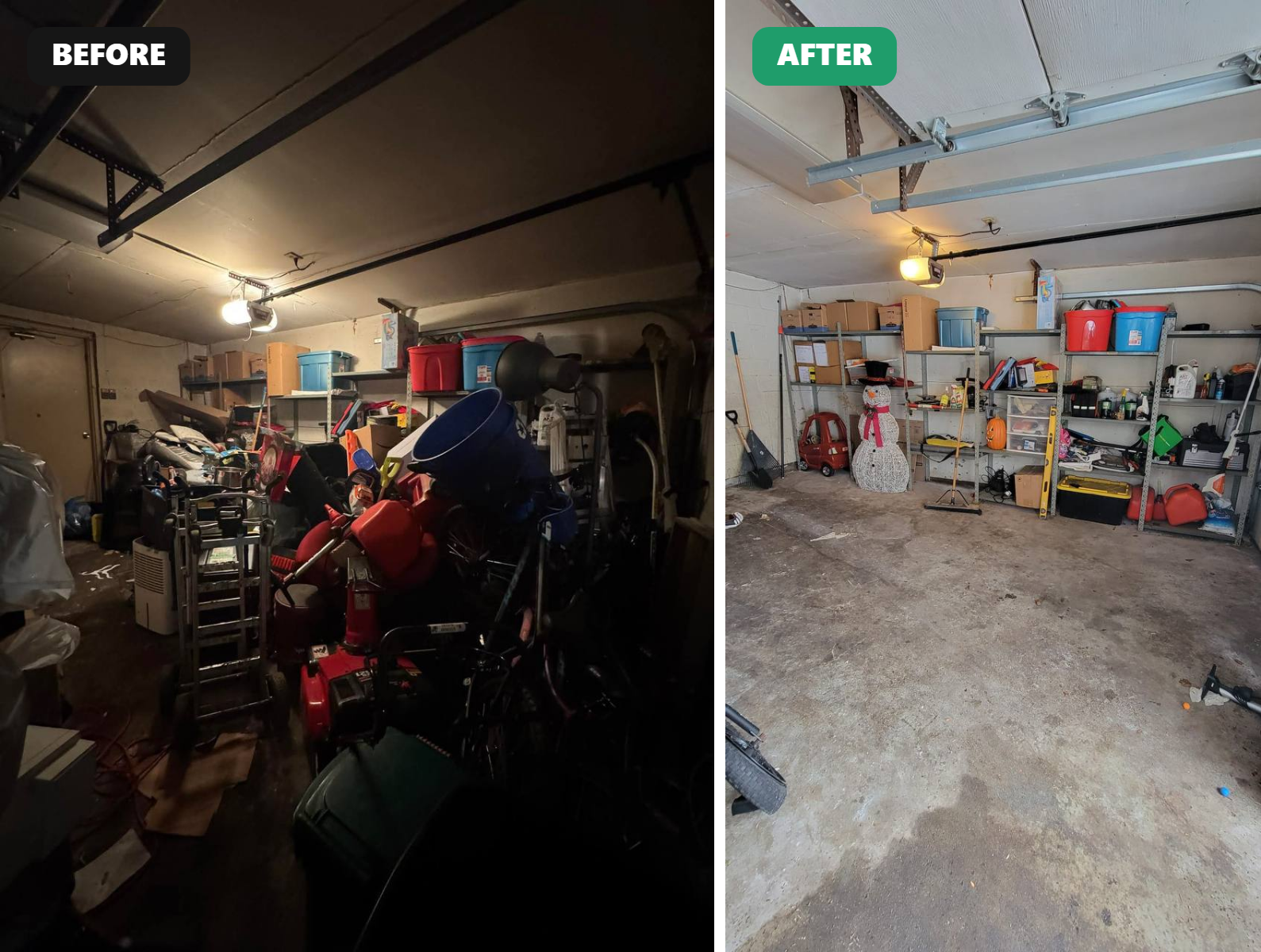 Garage appliance cleanout before and after — AlexCarter crew cleared old appliances and clutter from a Toronto garage