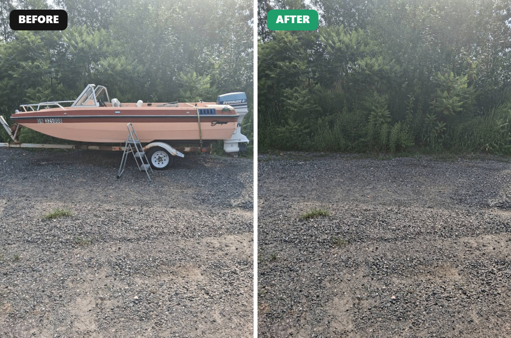 Boat removal GTA before and after — AlexCarter crew hauled away an old boat and trailer from a gravel lot
