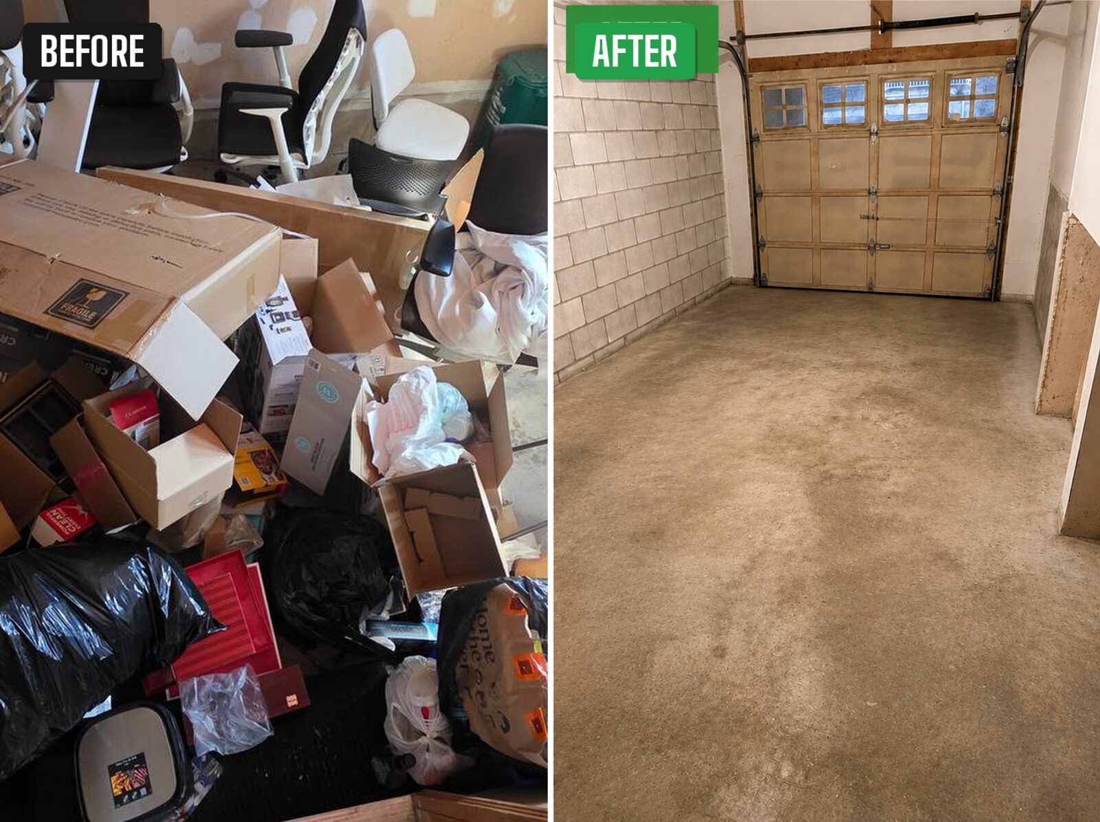Before and after photo of a Toronto garage cleanout by Alex Carter Junk Removal showing piles of cardboard boxes, water jugs and clutter cleared down to a bare concrete floor